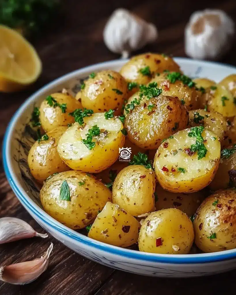 Buttered Garlic Baby Potatoes garnished with herbs