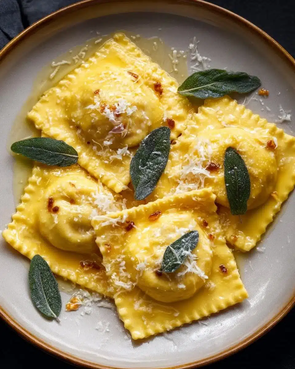 Delicious butternut squash ravioli served with sage butter sauce