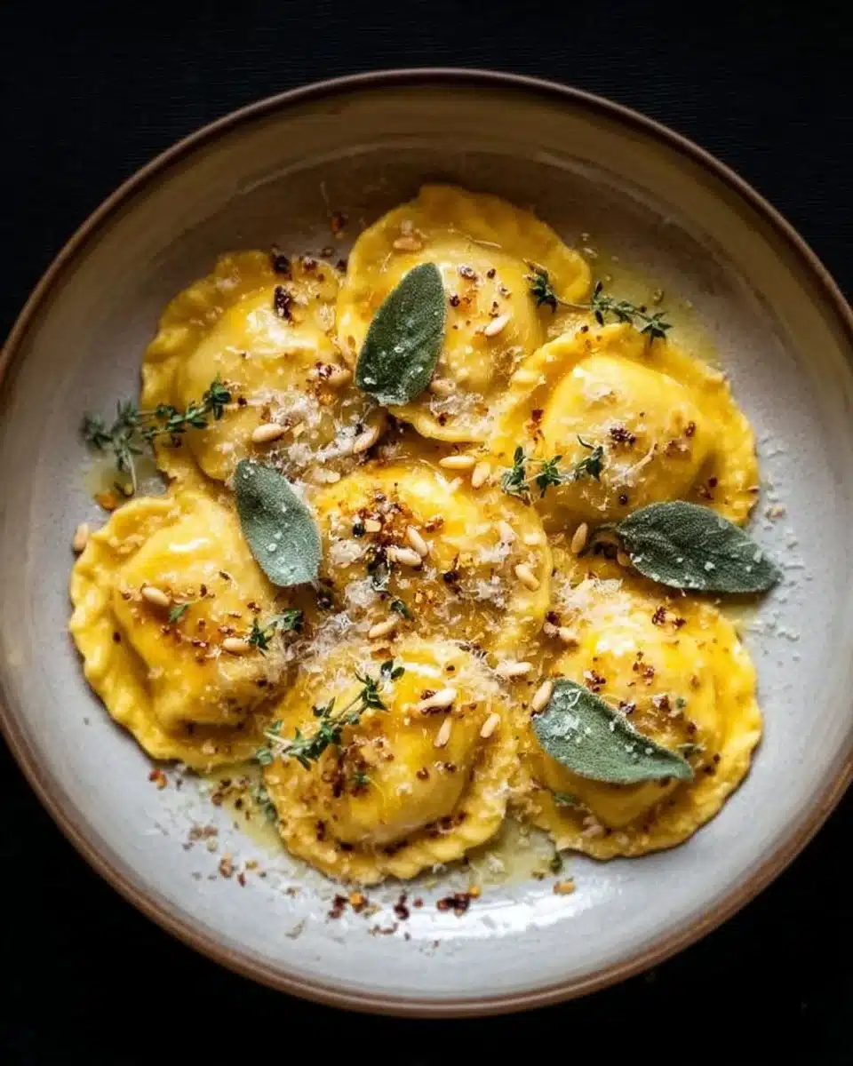 Plate of homemade butternut squash ravioli topped with parmesan cheese and herbs