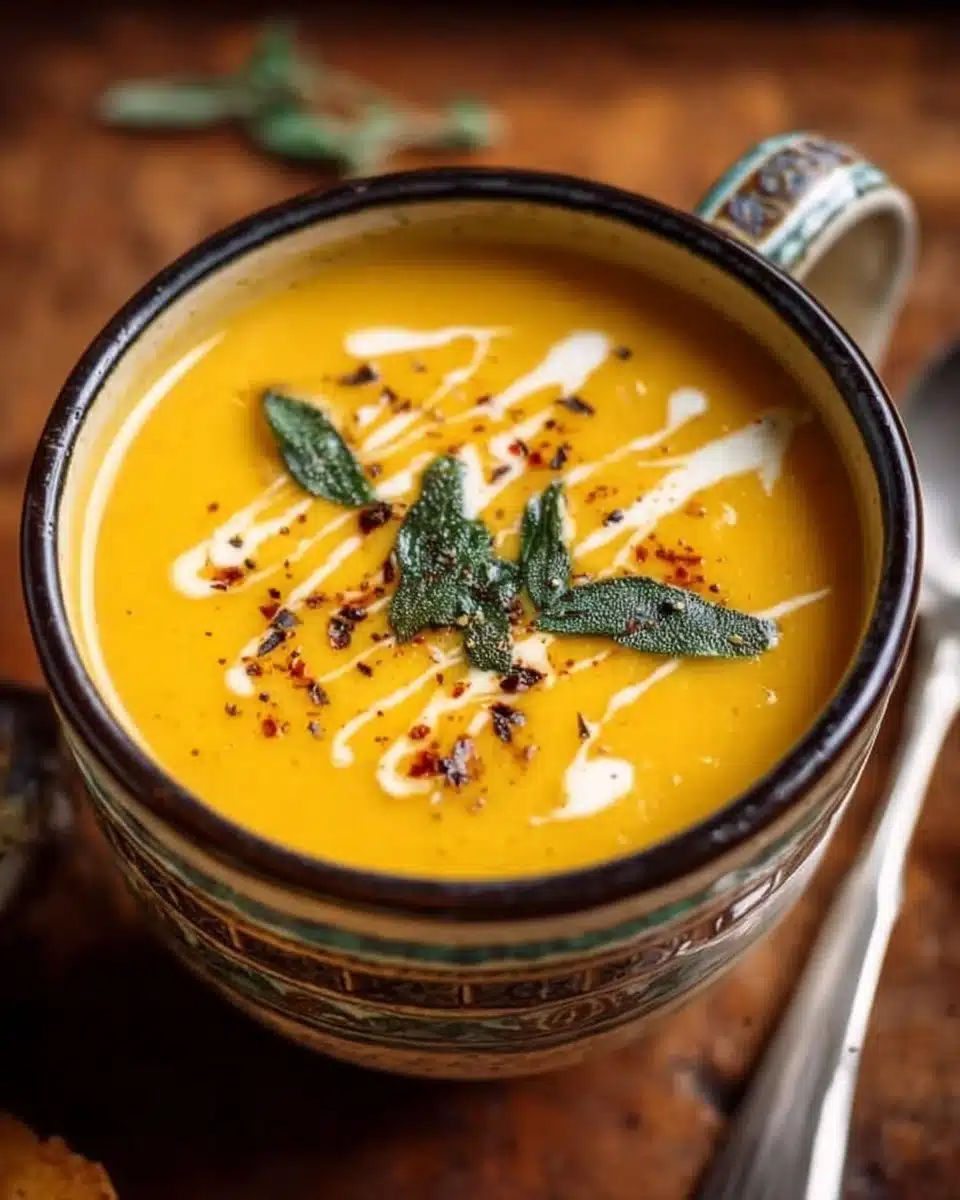 Bowl of creamy butternut squash soup garnished with herbs.