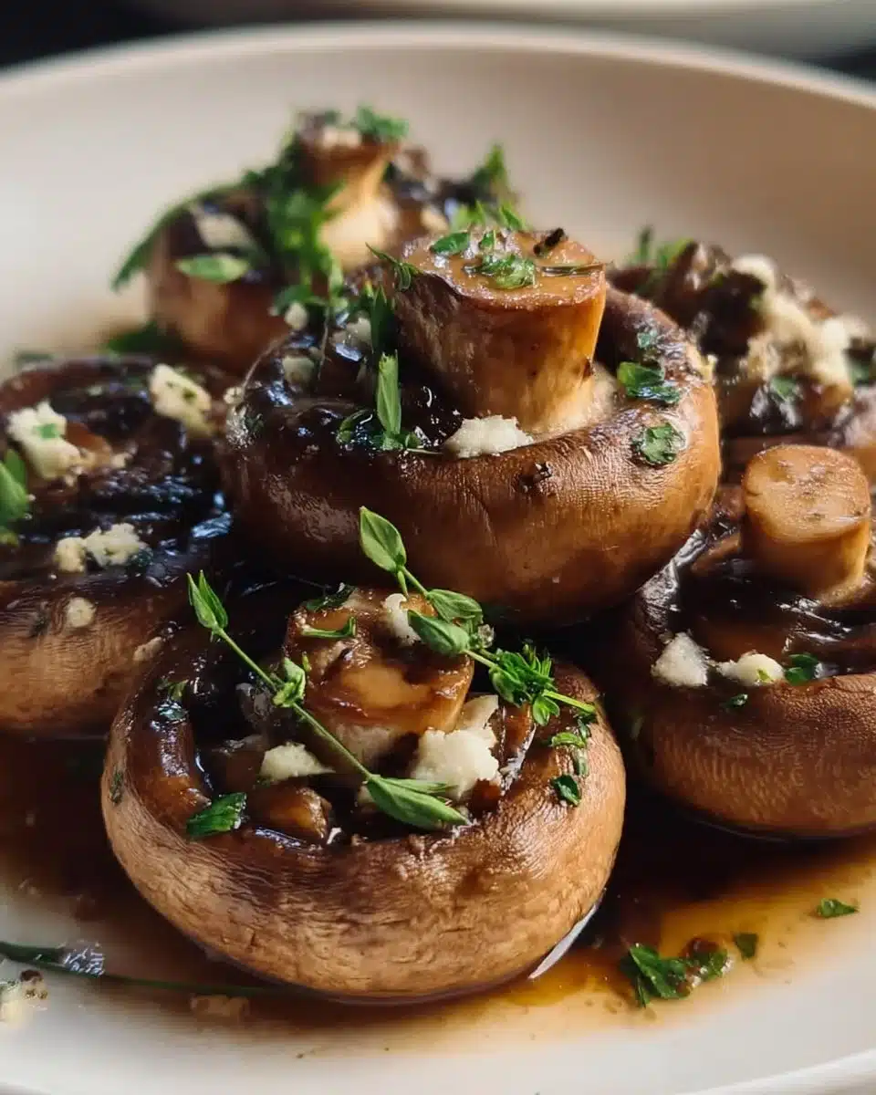 Delicious buttery lemon mushrooms served in a white dish with fresh herbs.