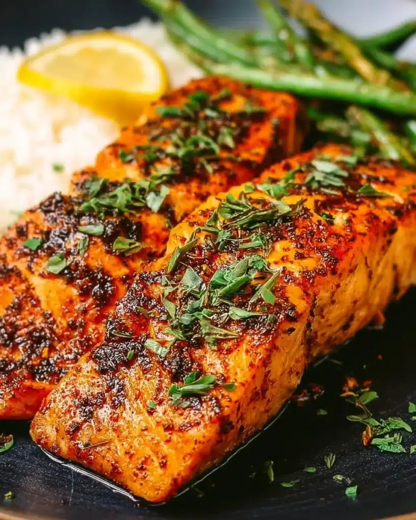 Cajun Honey Butter Salmon drizzled with honey and spices on a plate