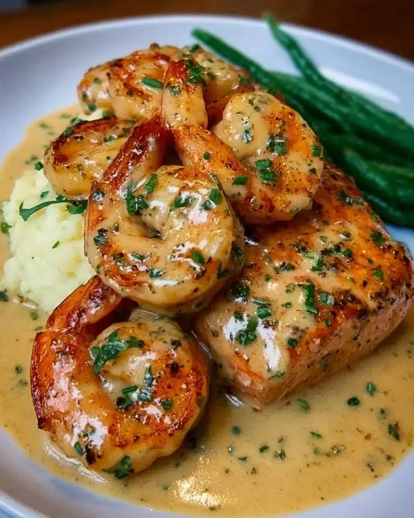 Cajun shrimp and salmon served in garlic cream sauce on a plate