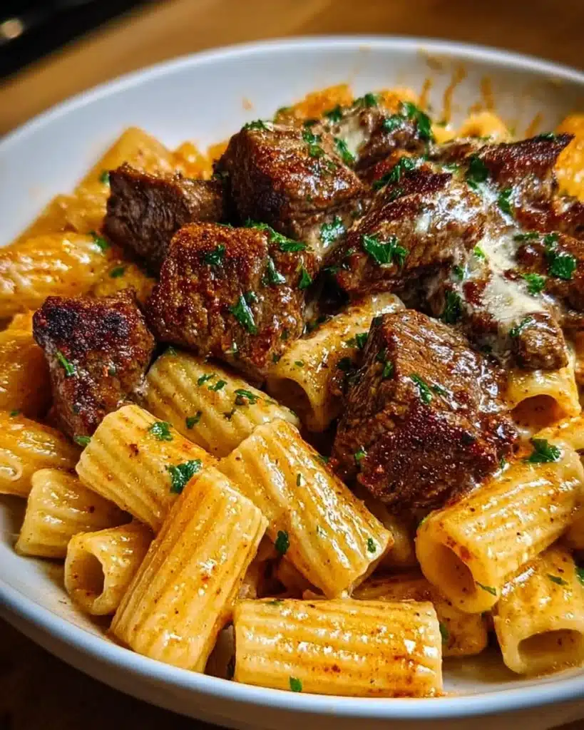 Cajun Steak Tips served with Creamy Parmesan Rigatoni on a plate