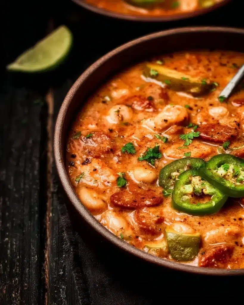 Bowl of spicy Cajun White Chicken Chili with fresh herbs and toppings