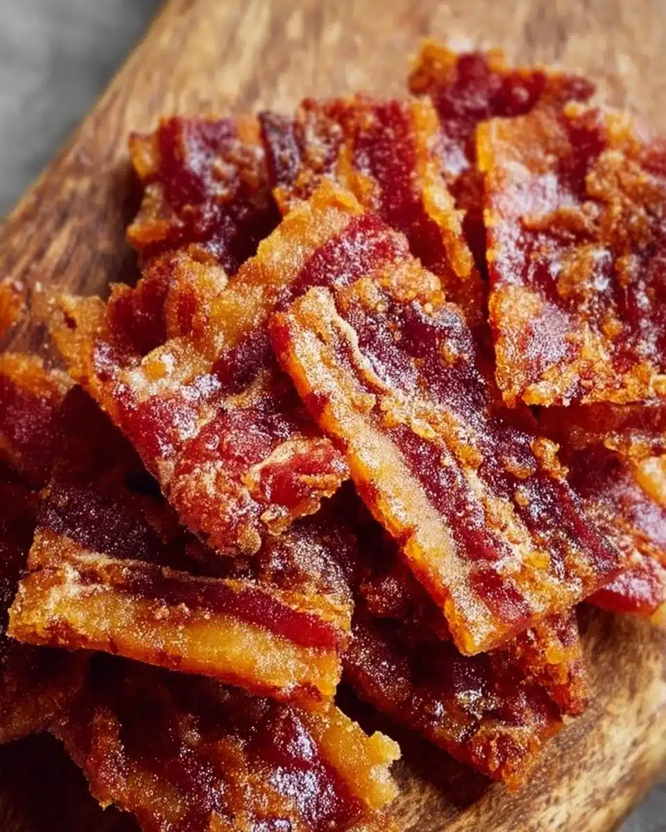 Candied bacon crackers topped with cheese and herbs on a serving platter