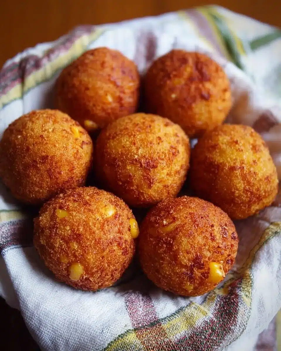 Golden brown Cheese Corn Balls ready to be served as a tasty snack