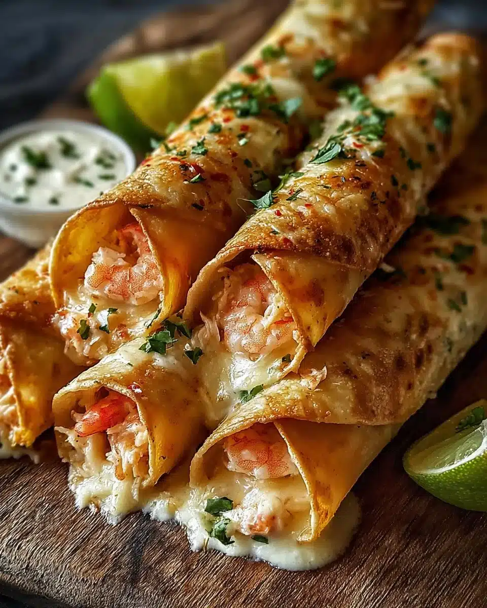 Plate of cheesy crab and shrimp taquitos garnished with fresh herbs
