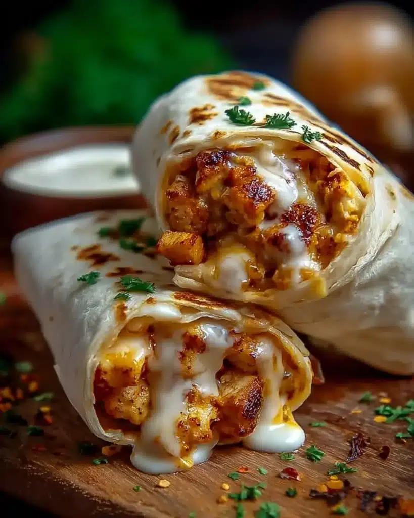 Cheesy garlic chicken wraps served with fresh ingredients