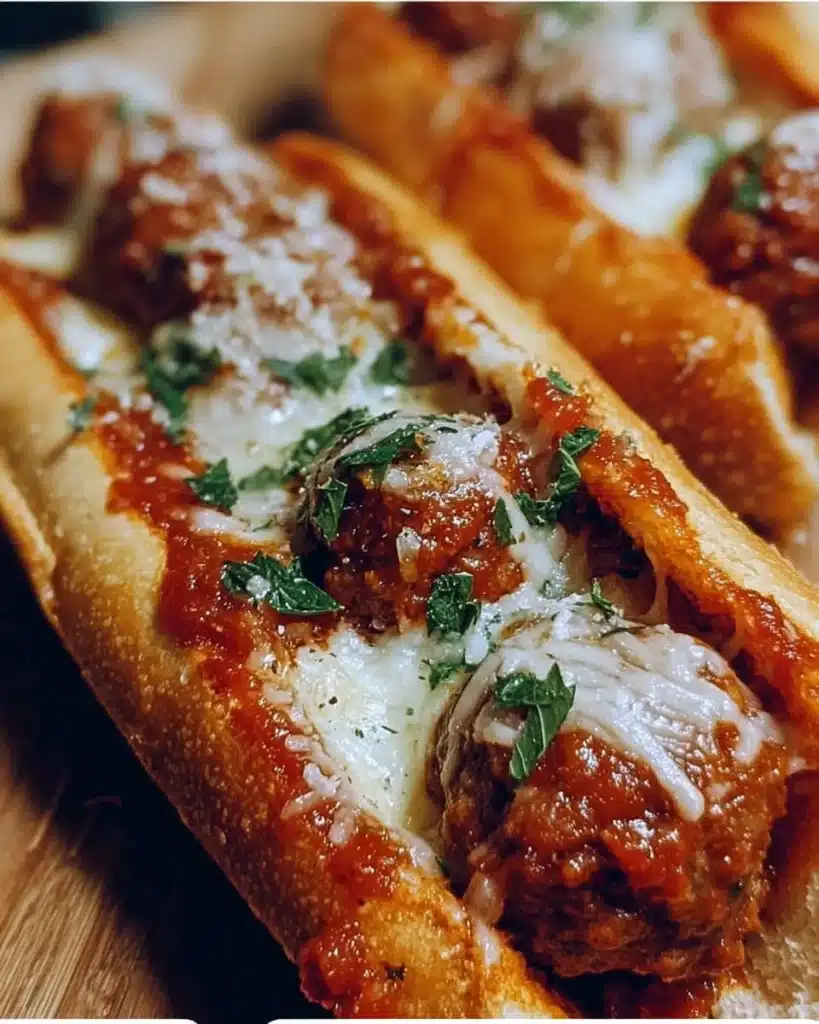 Cheesy meatball subs with melted cheese and delicious meatballs in a toasted bun