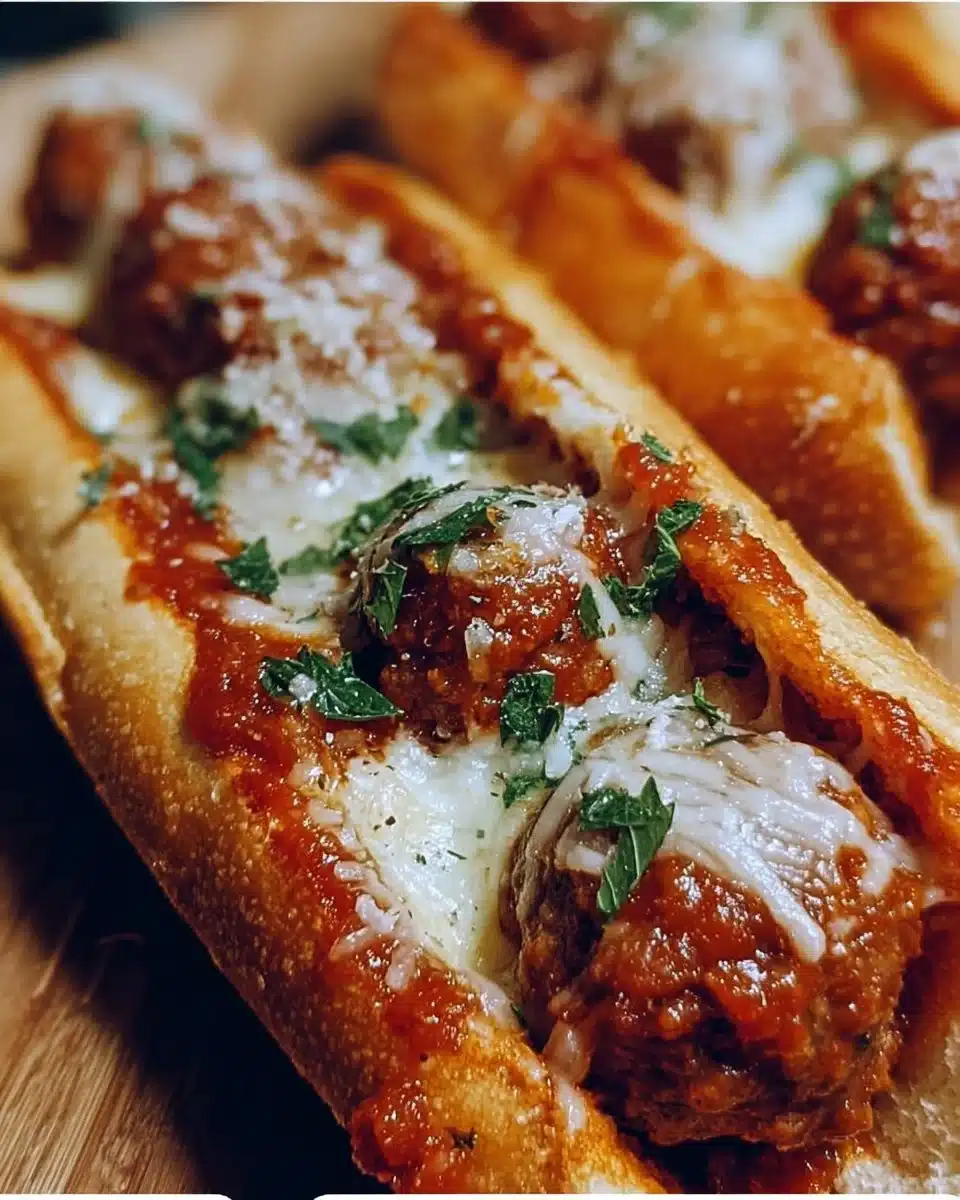 Cheesy meatball subs with melted cheese and delicious meatballs in a toasted bun