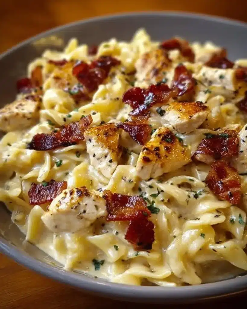 Creamy Chicken Bacon Ranch Pasta served in a bowl with toppings