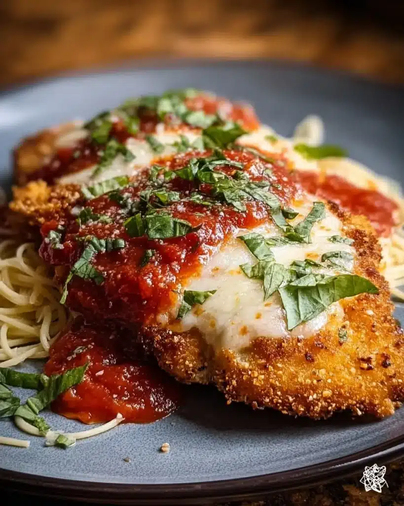 Plate of Chicken Parmesan with marinara sauce and melted cheese on top