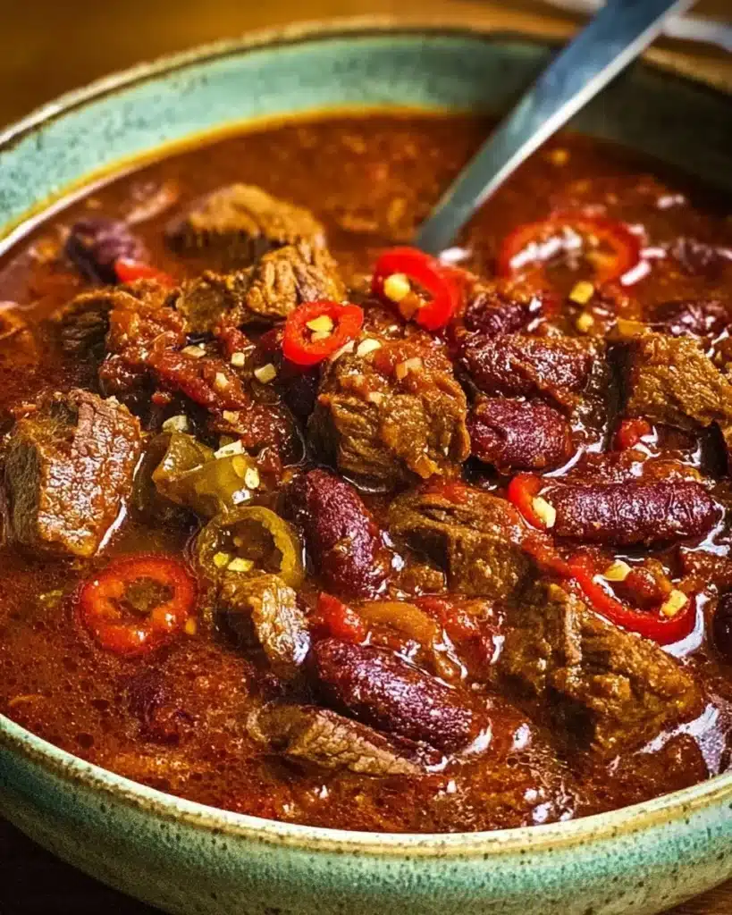 Bowl of chili featuring beef short rib and chorizo, garnished with herbs.