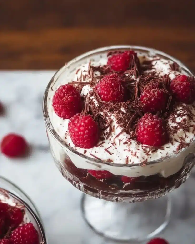 Layered chocolate raspberry trifle dessert with chocolate cake and fresh raspberries