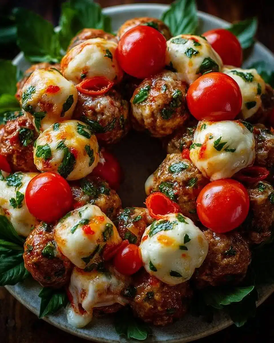 Christmas Caprese Wreath made with mozzarella, tomatoes, and basil for the holidays