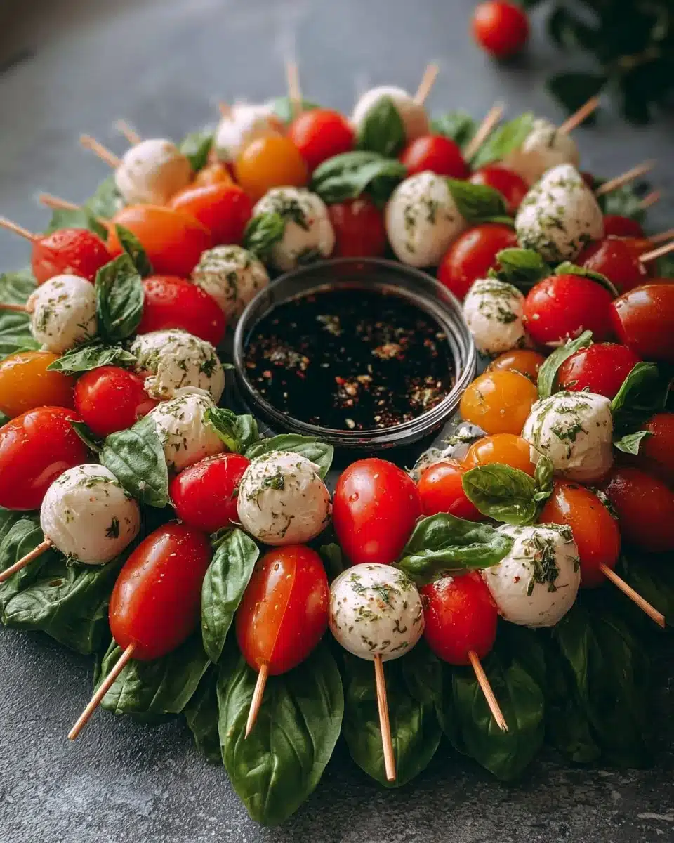 Festive Christmas Caprese Wreath with mozzarella, tomatoes, and basil.