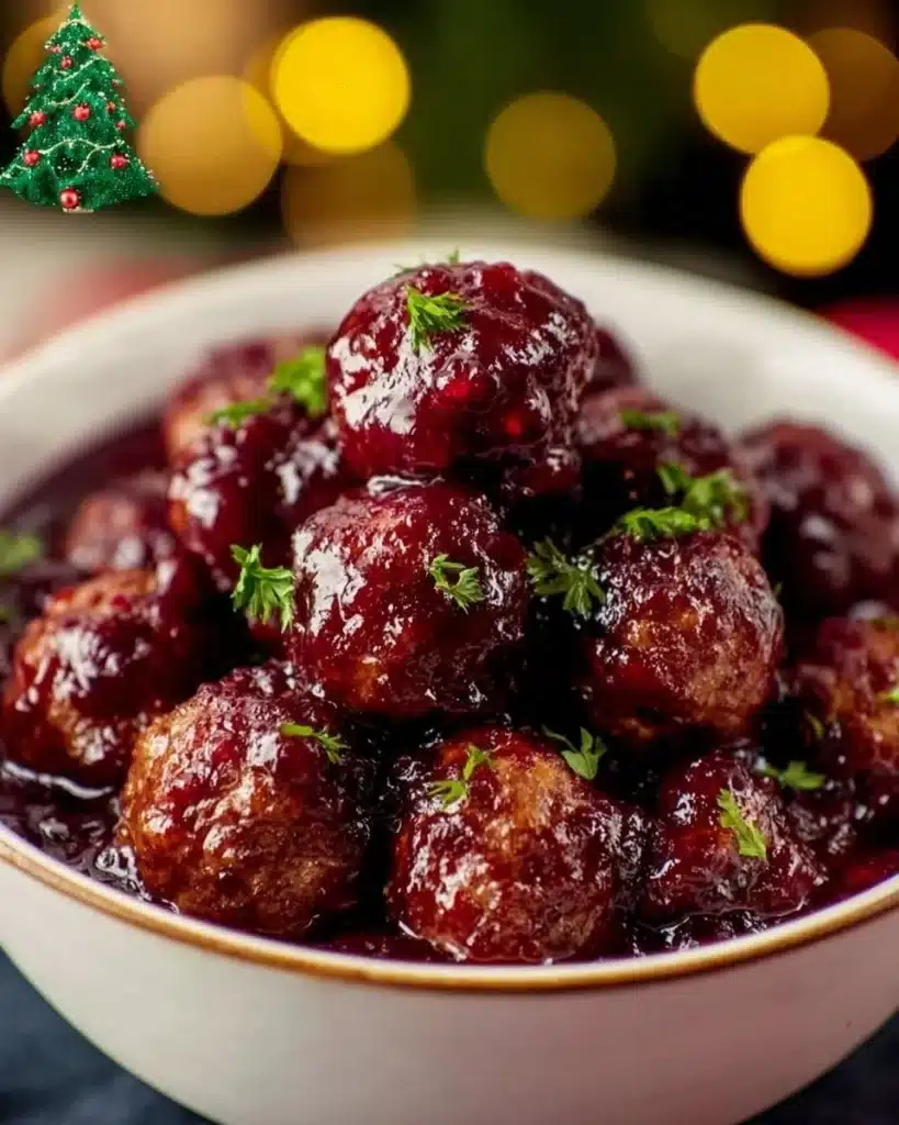 Plate of delicious Christmas cranberry meatballs garnished with herbs