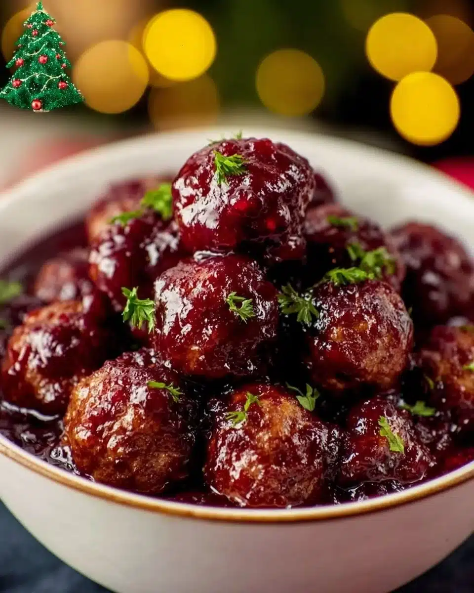 Plate of delicious Christmas cranberry meatballs garnished with herbs