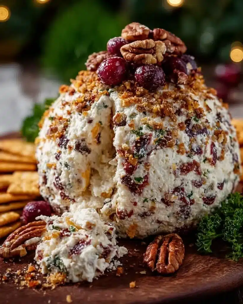 Christmas Cranberry Pecan Cheese Ball Tree decorated for holiday parties