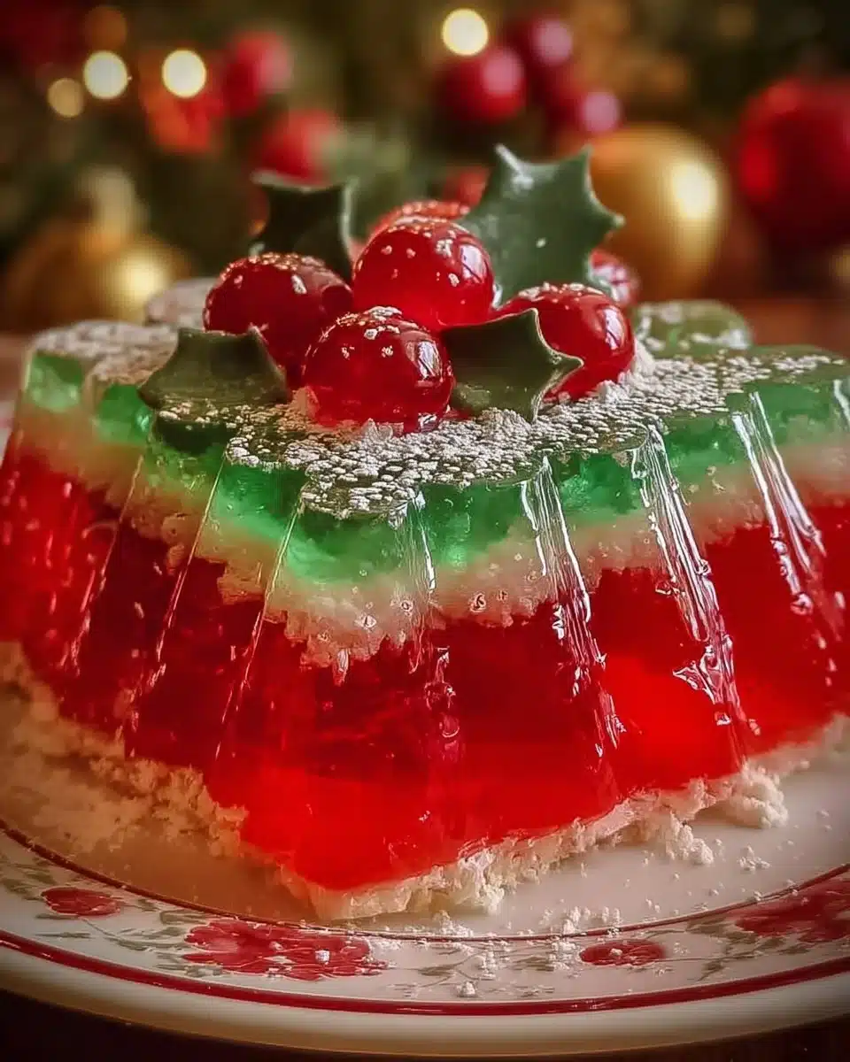 A festive Christmas Jello Cake decorated with colorful layers and holiday-themed toppings.