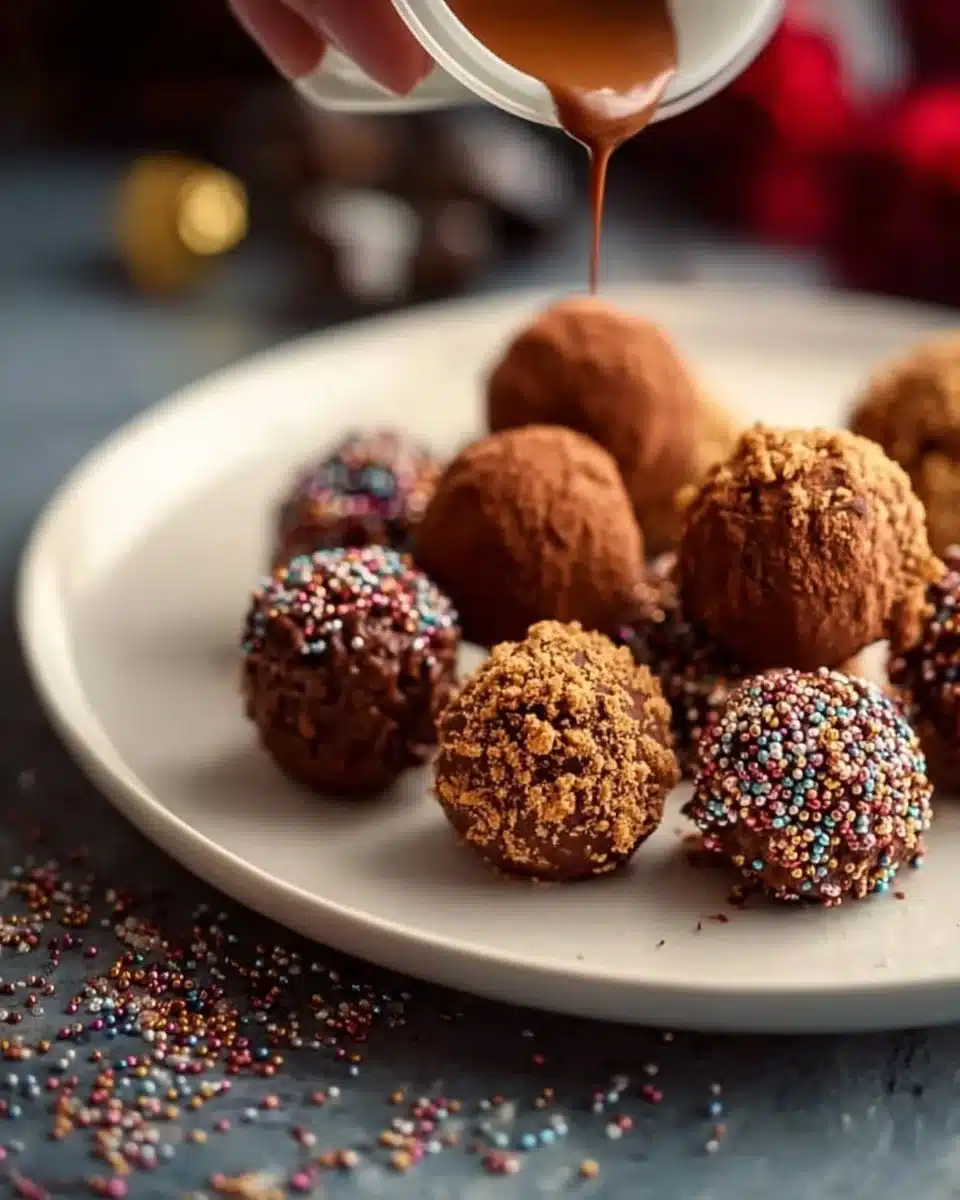 Homemade Christmas Rum Truffles decorated with cocoa powder and holiday toppings.