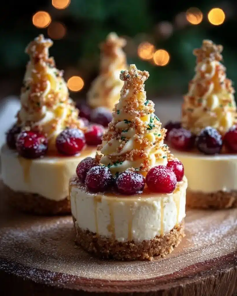 Mini cheesecakes shaped like Christmas trees, decorated for festive occasions.