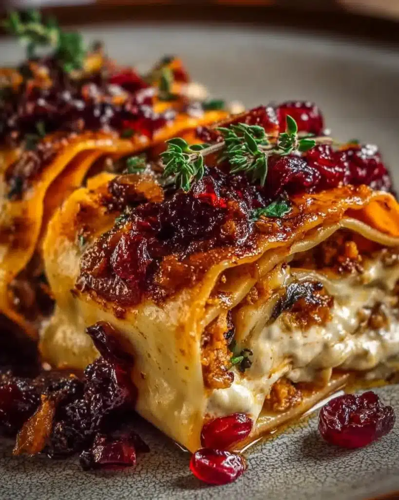 Cinnamon Roasted Sweet Potato and Cranberry Lasagna Rolls on a plate