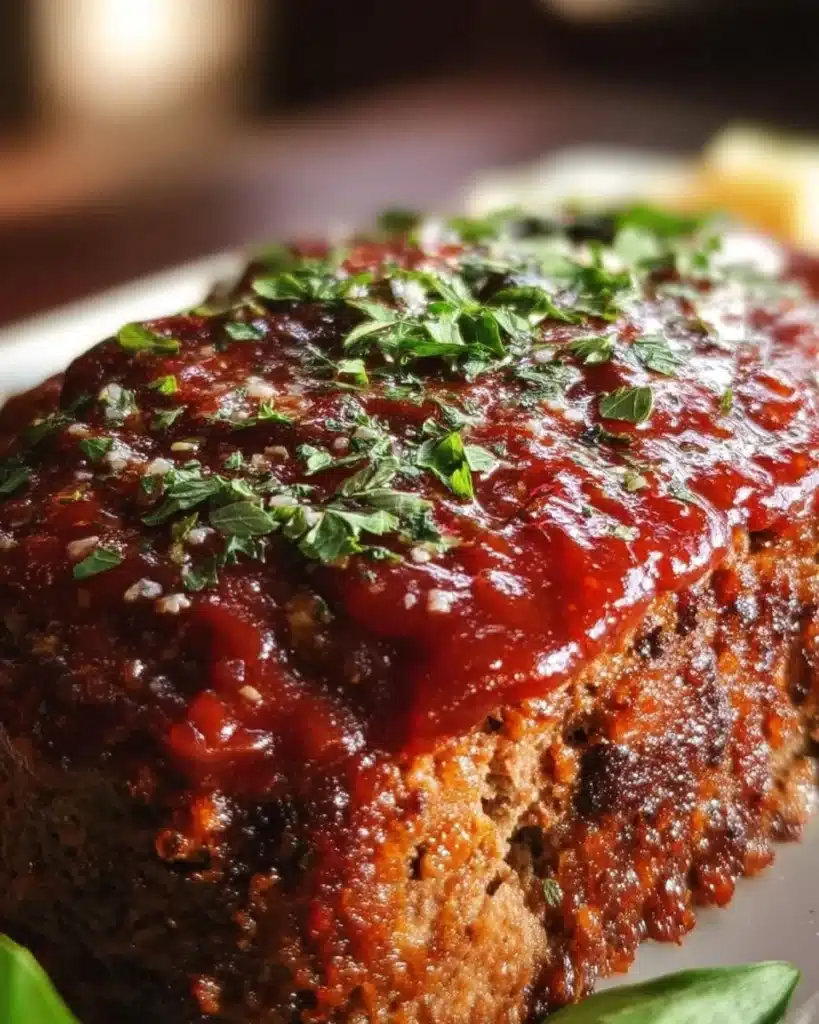 Delicious classic meatloaf served with mashed potatoes and green beans