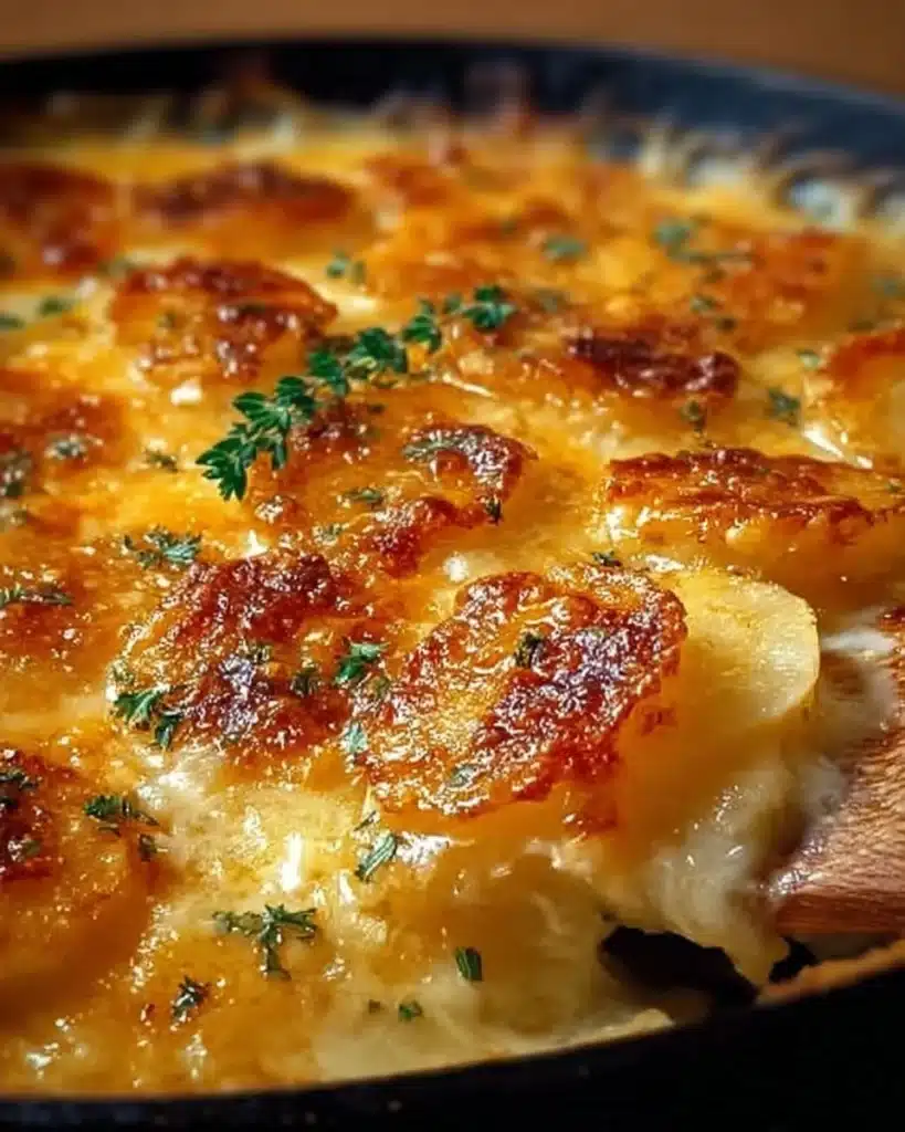 Delicious Copycat Ruth's Chris Potatoes au Gratin served in a dish