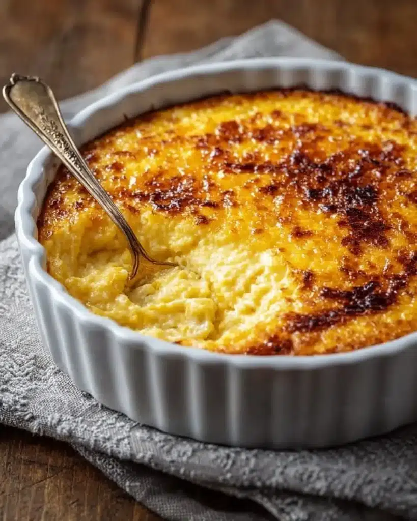 Delicious corn pudding served in a dish with golden texture