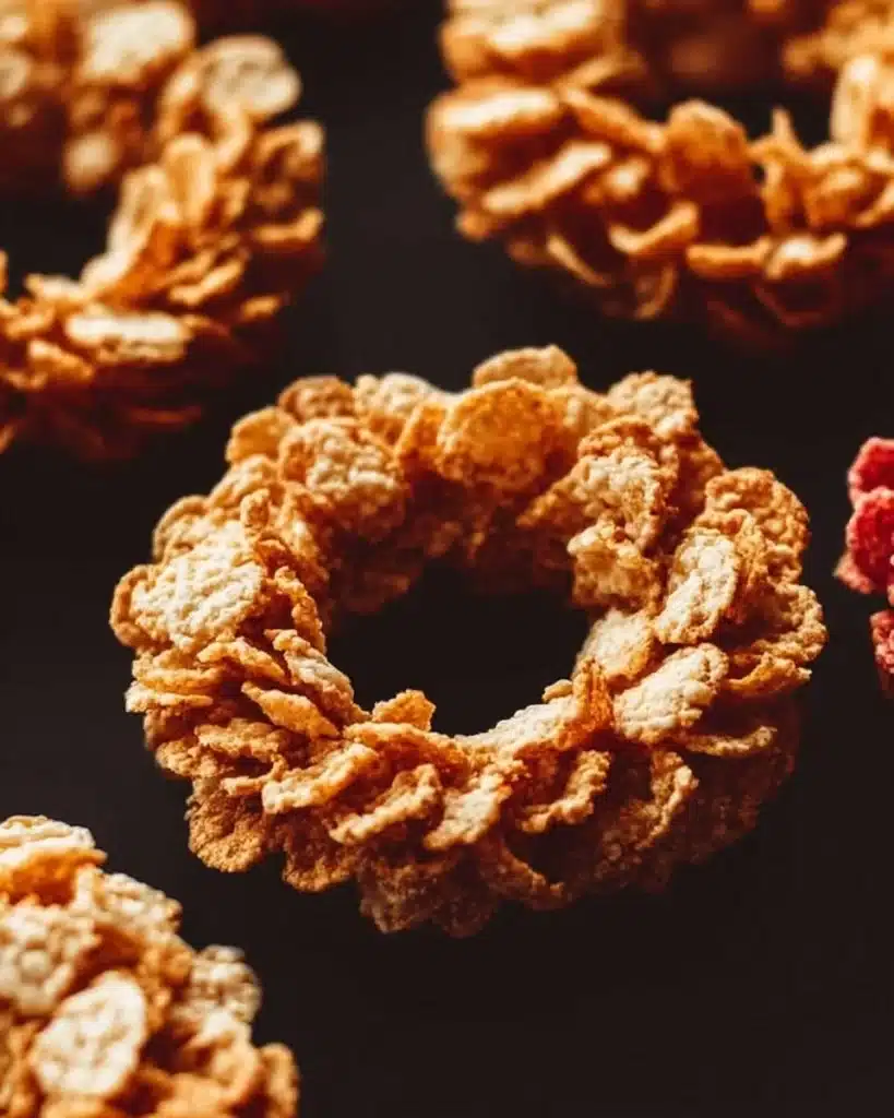 Colorful cornflake wreaths decorated for the holidays, featuring red and green accents.
