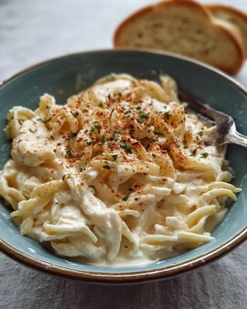 Bowl of Cottage Cheese Alfredo Pasta topped with parsley and cheese