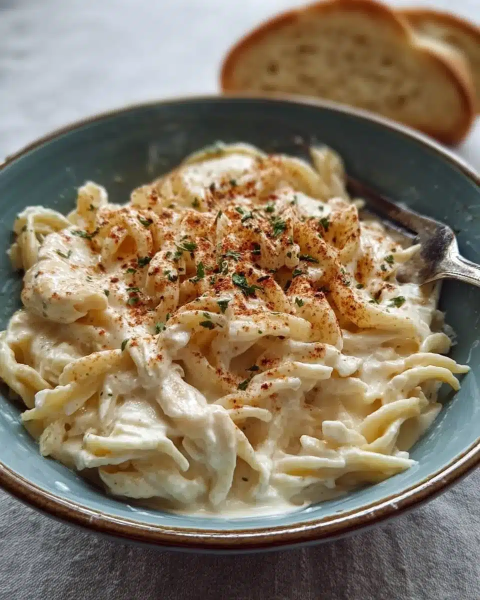 Bowl of Cottage Cheese Alfredo Pasta topped with parsley and cheese