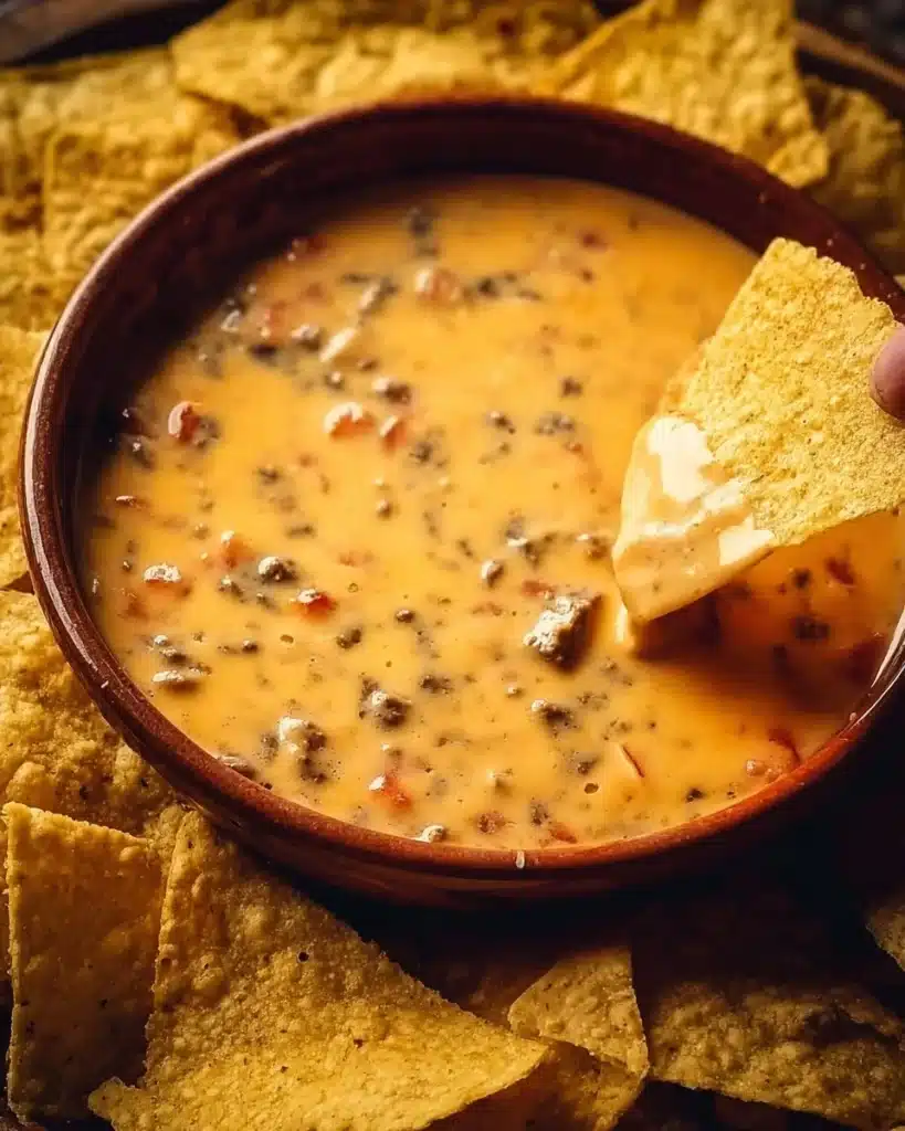 Delicious Cowboy Queso served with tortilla chips.