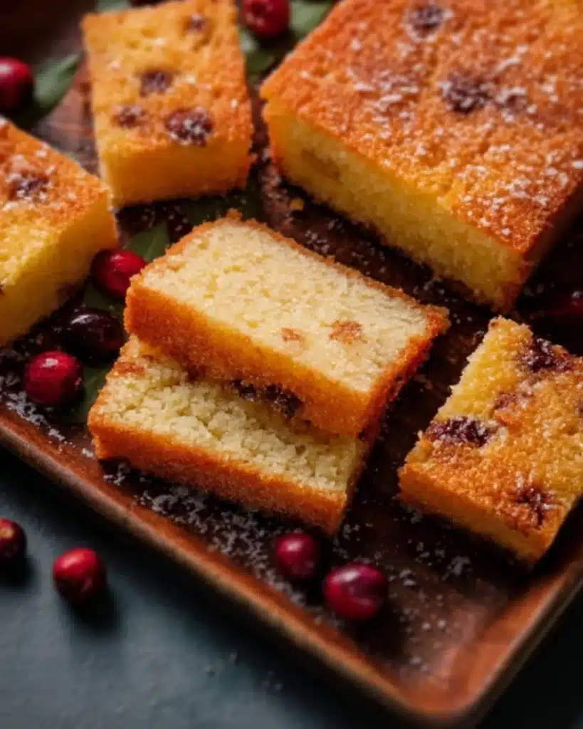 Cranberry Fruitcake decorated with cranberries and nuts on a festive table
