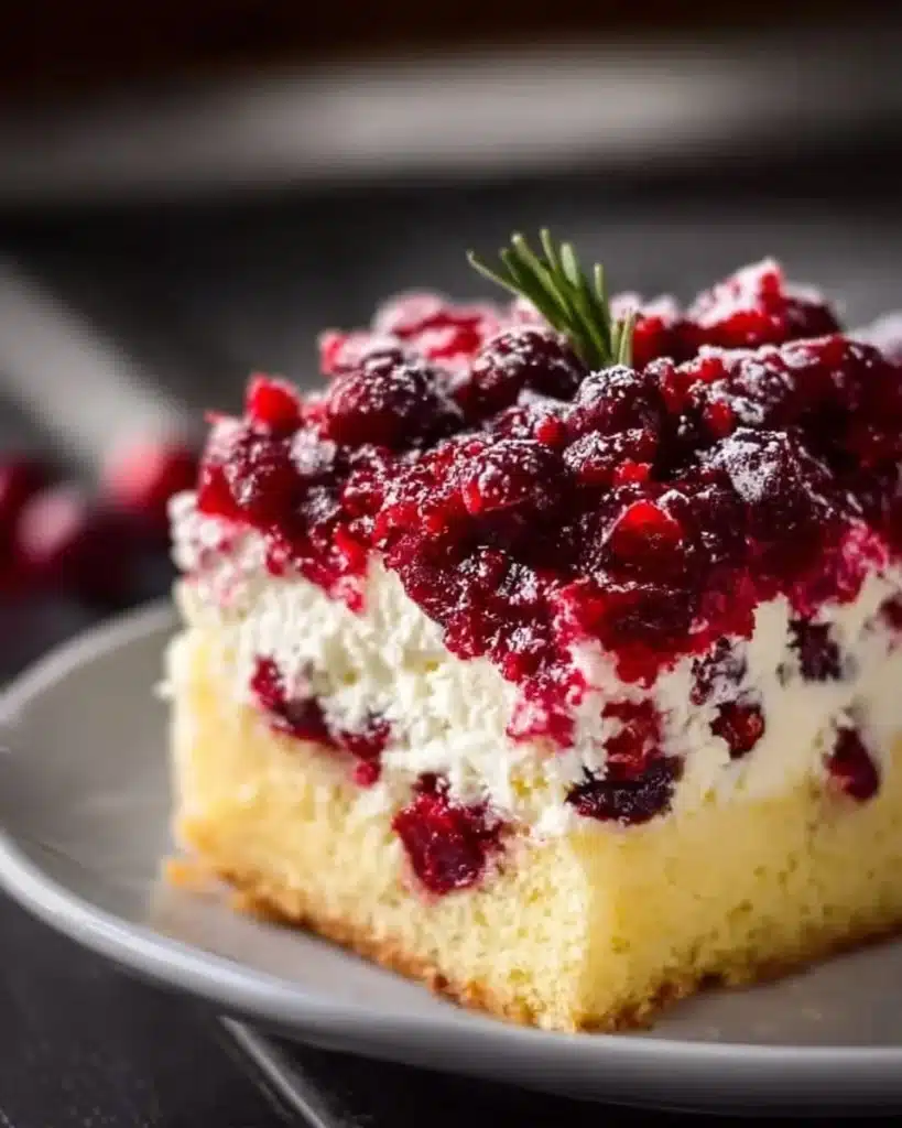 Deliciously moist cranberry poke cake topped with creamy frosting and fresh cranberries.