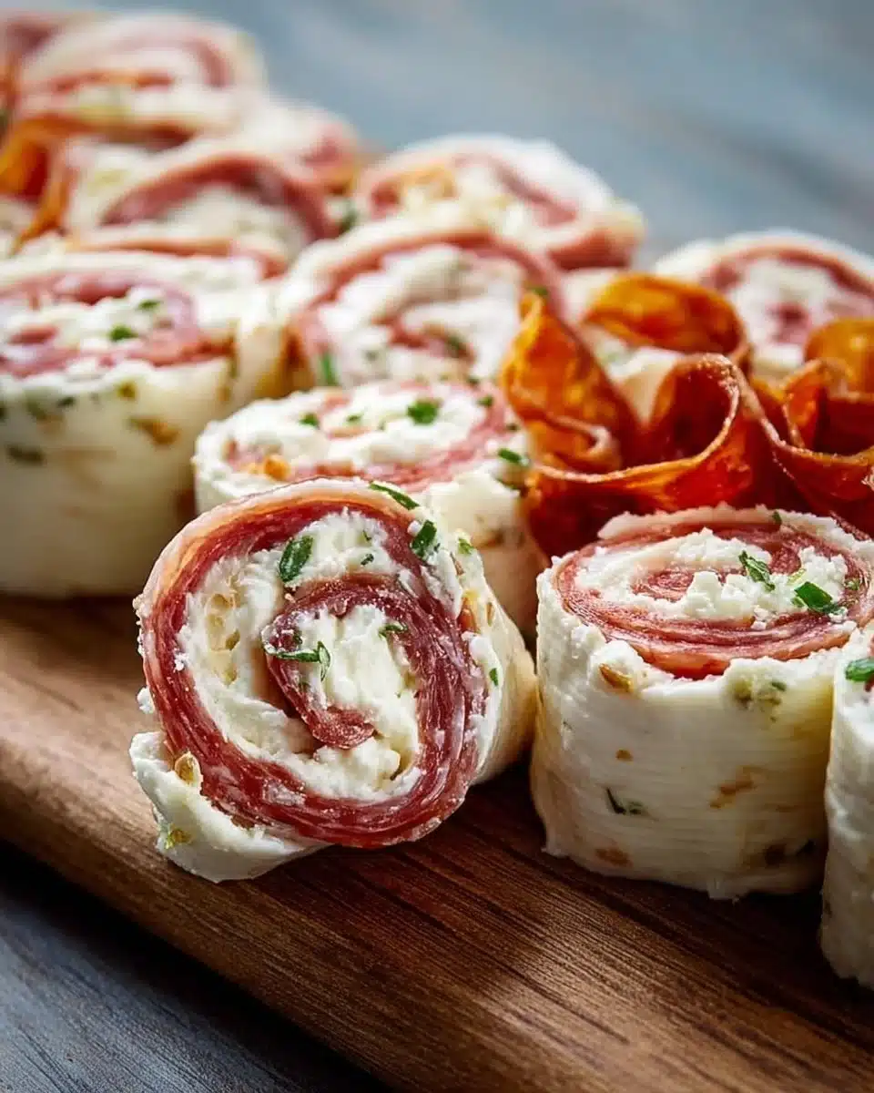 Cream Cheese Salami Roll Ups appetizer served on a platter.