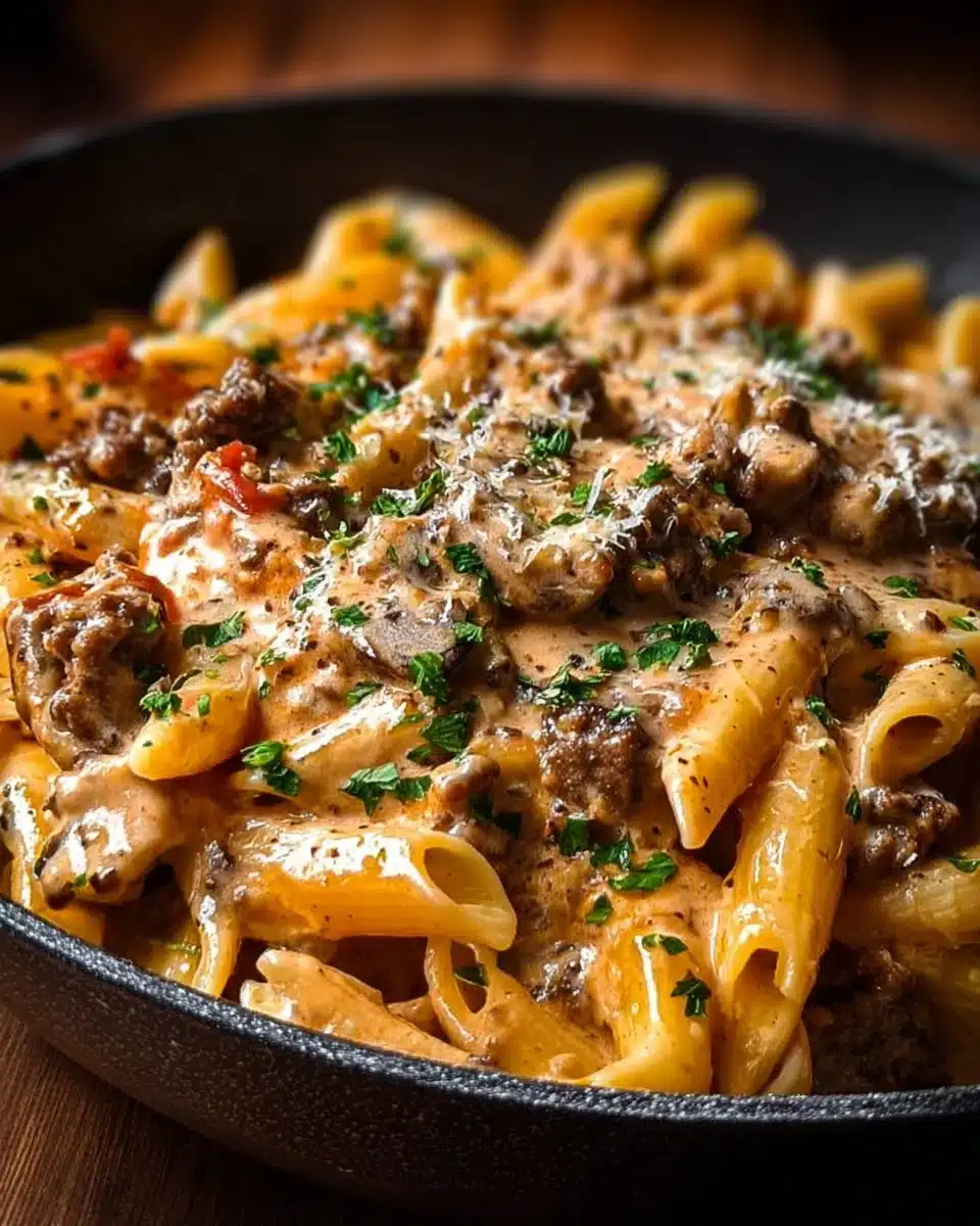 Creamy beef pasta in a bowl with herbs and cheese topping