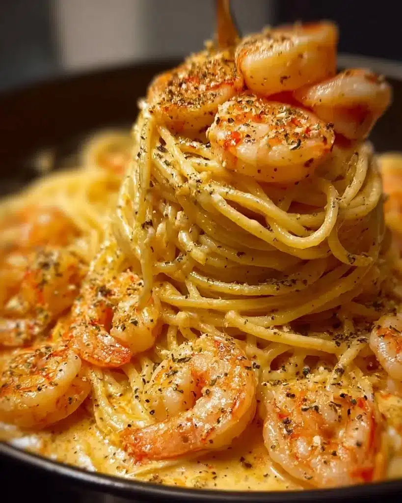 Creamy Cajun Shrimp Pasta Volcano topped with scallions and herbs