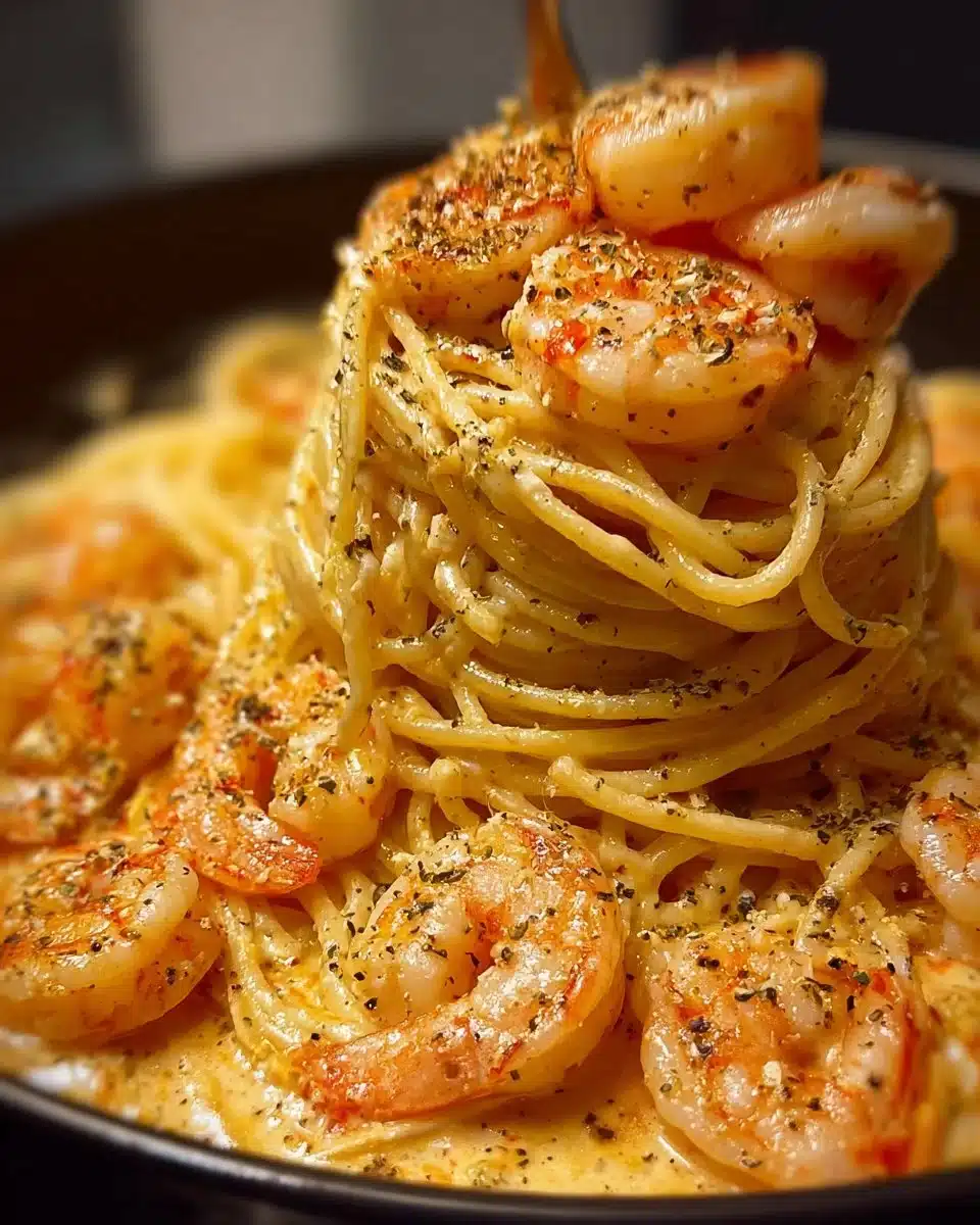 Creamy Cajun Shrimp Pasta Volcano topped with scallions and herbs