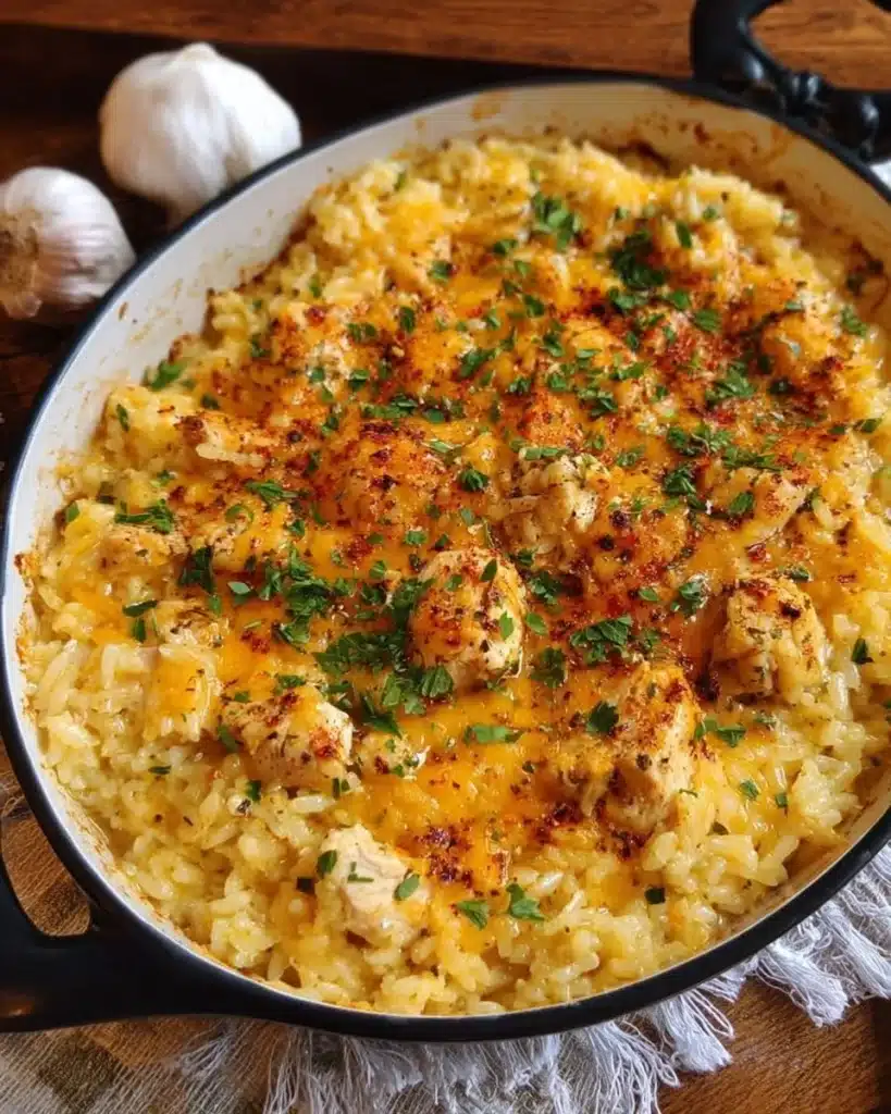 Creamy Cheesy Chicken Rice Casserole topped with cheese and herbs