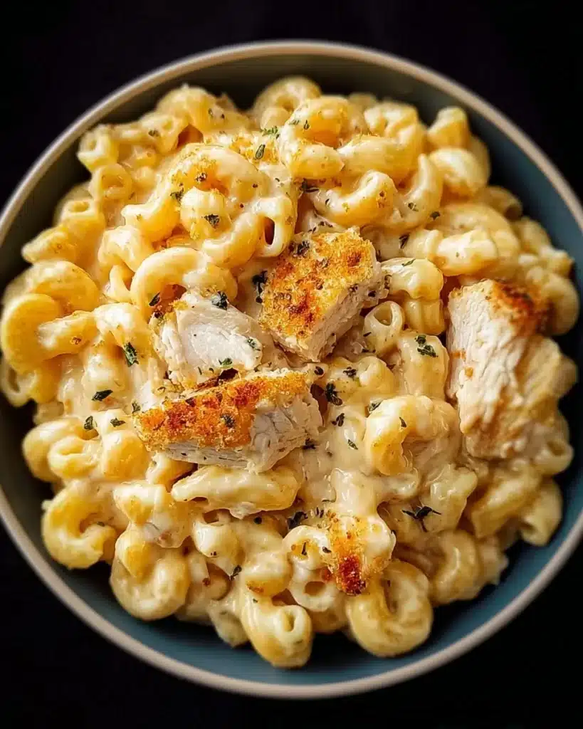 Creamy chicken mac and cheese dish with a golden crust and garnished with parsley.
