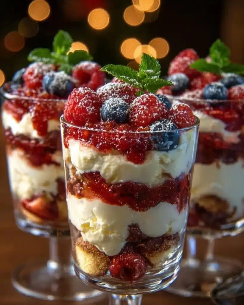 Creamy Christmas trifle parfait shots layered in festive glasses
