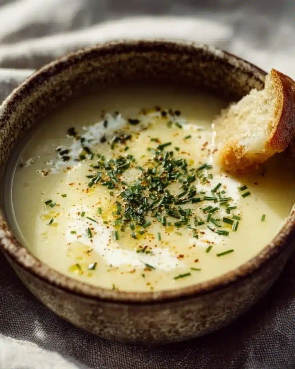 Bowl of creamy herb potato soup garnished with fresh herbs.