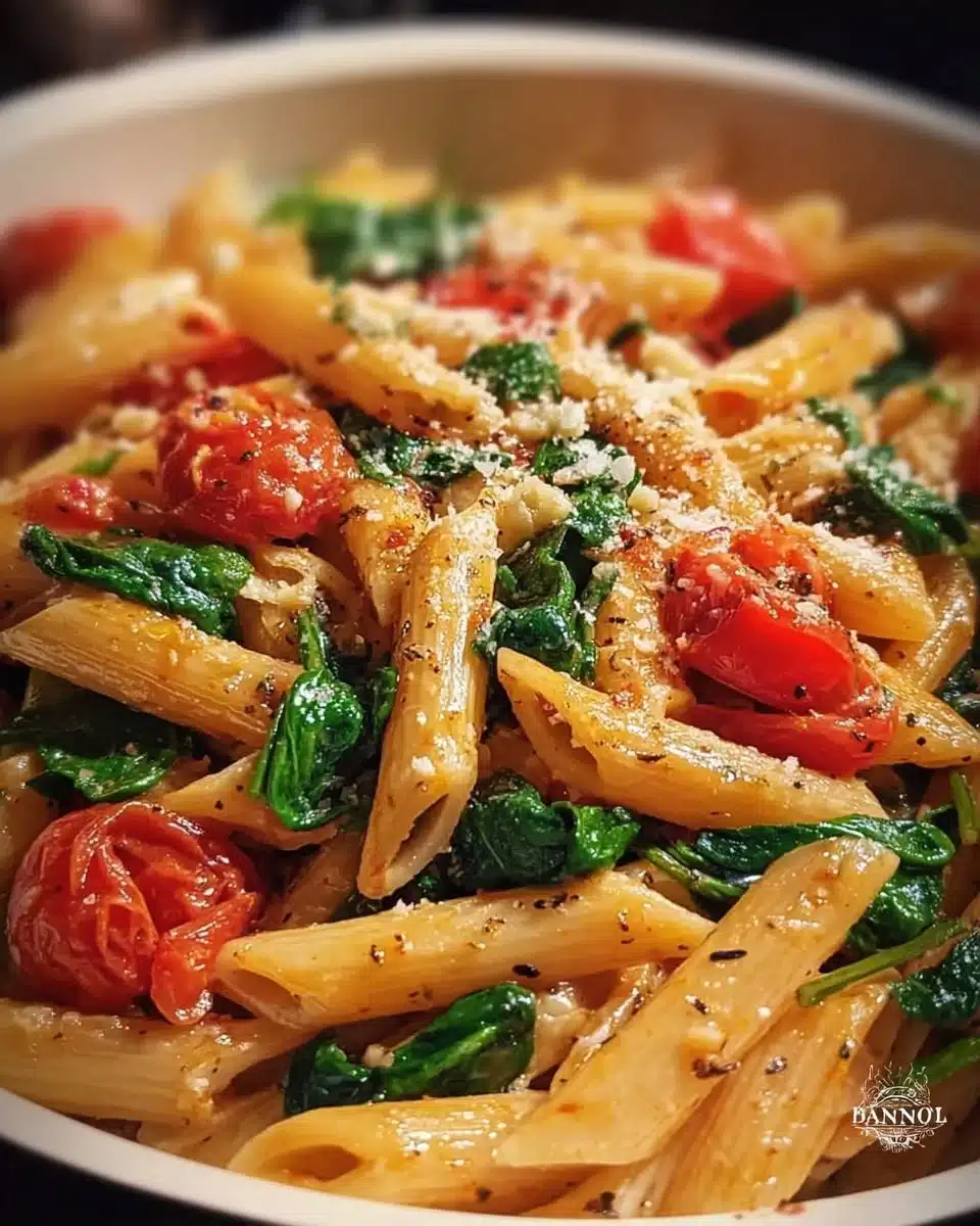 Creamy one-pot penne pasta with spinach and tomatoes served in a bowl