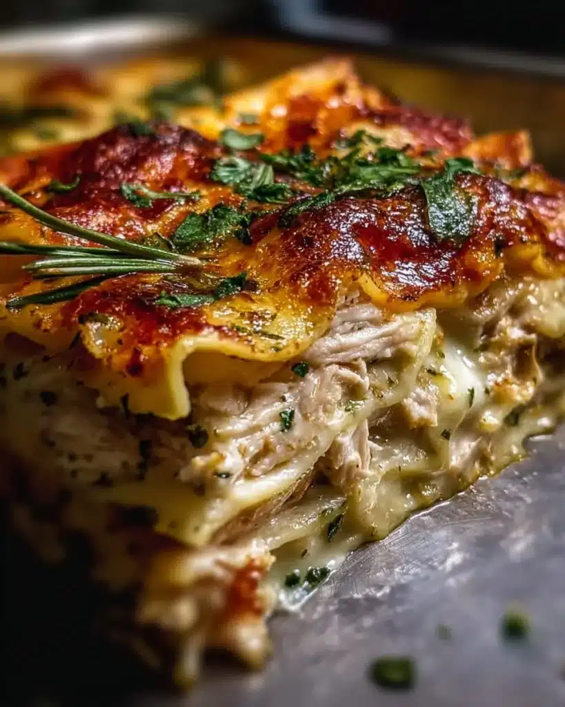 Delicious creamy Rosemary Chicken Lasagna topped with herbs and cheese