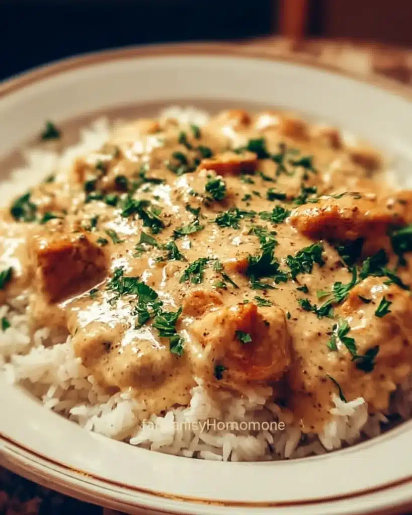 Creamy smothered chicken served over rice in a delicious sauce.