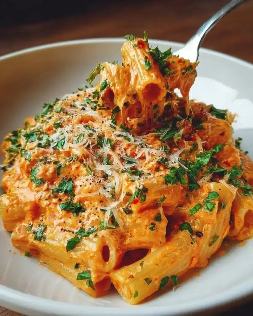 Creamy tomato garlic pasta dish garnished with fresh basil and cheese