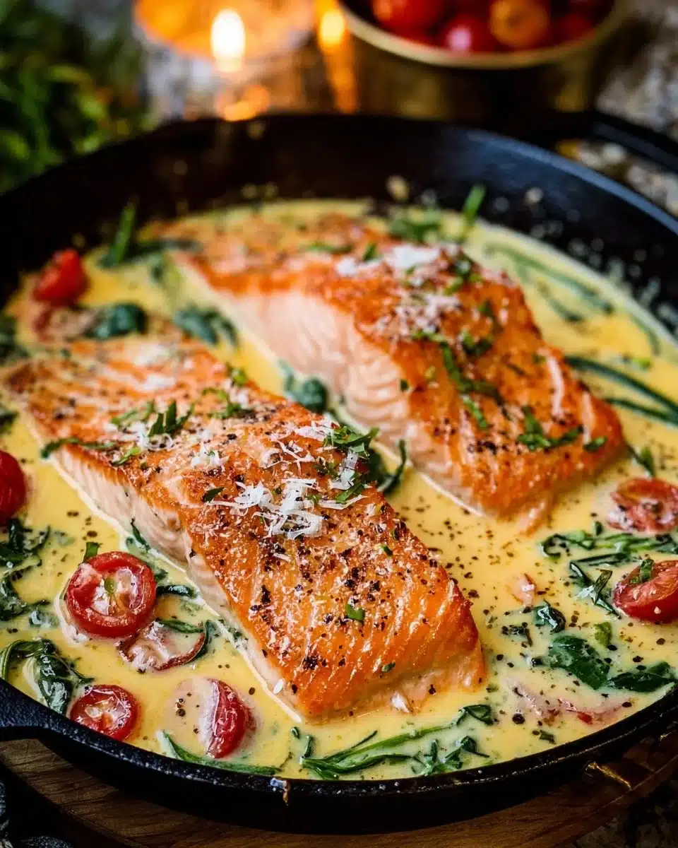 Creamy Tuscan salmon dish garnished with spinach and sun-dried tomatoes